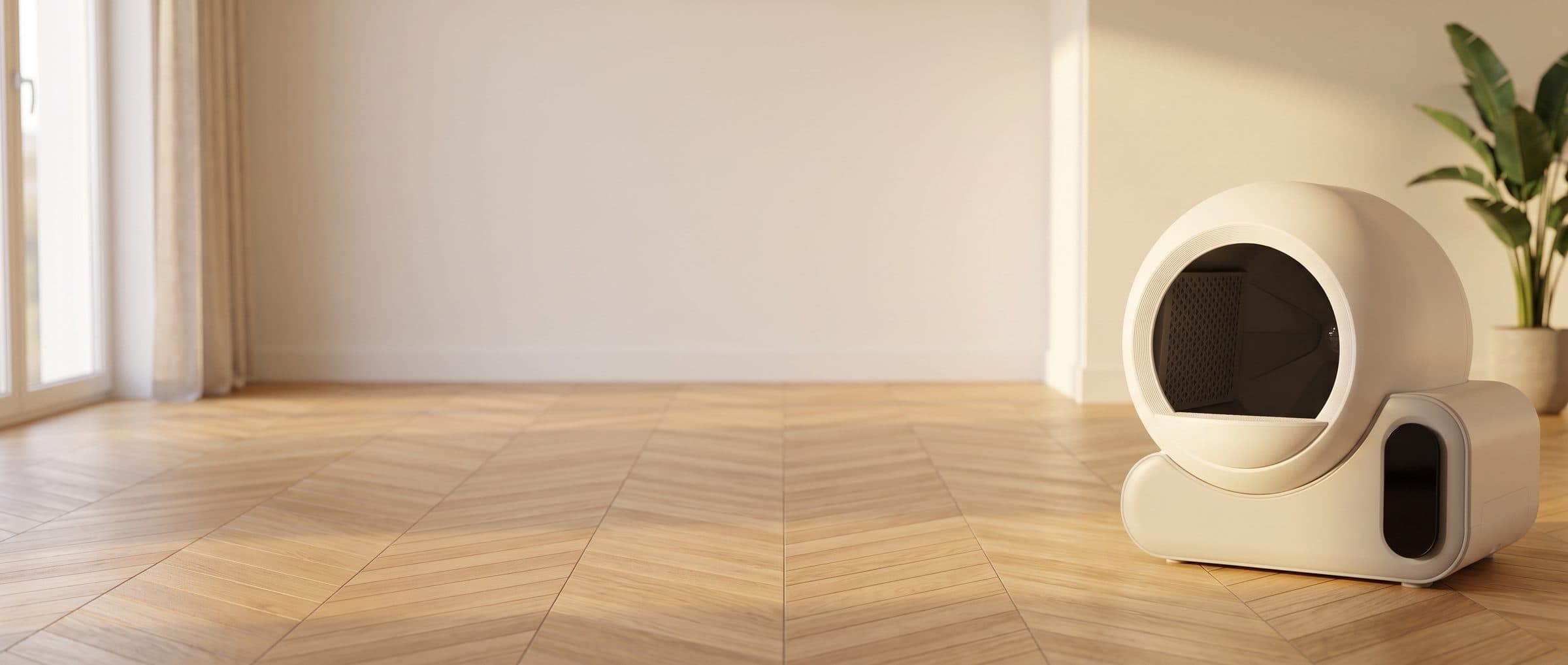 La litière OUATTE installée dans un salon au parquet clair